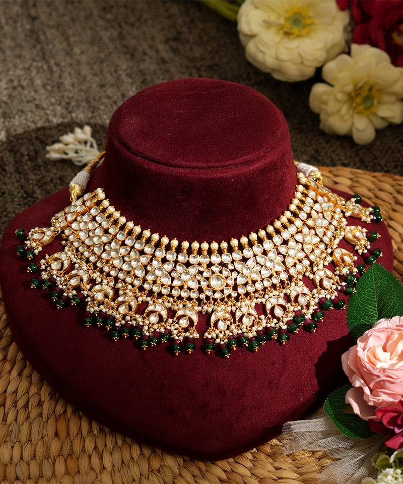 Gold plated kundan green stones necklace set