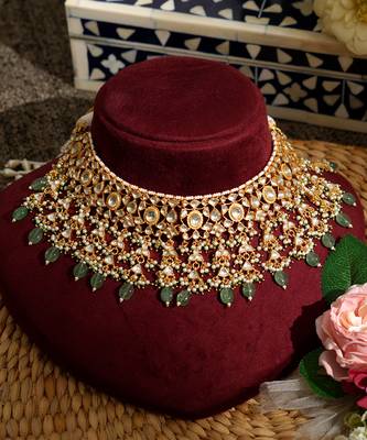 Gold plated kundan green stones necklace set 2