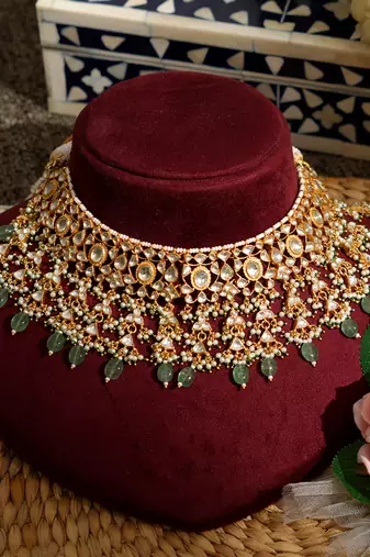 Gold plated kundan green stones necklace set