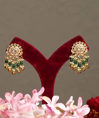 Gold plated kundan green stones pearl necklace set 3