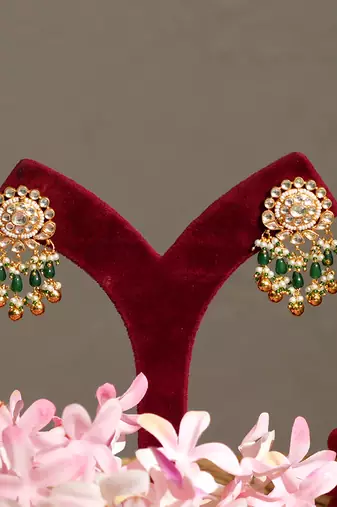 Gold plated kundan green stones pearl necklace set