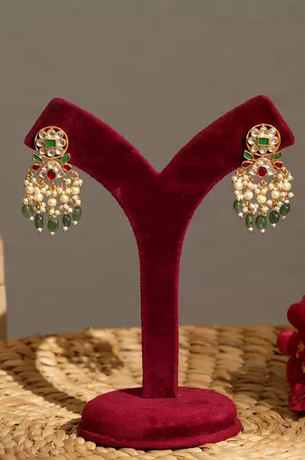 Gold plated kundan green stones pearl necklace set
