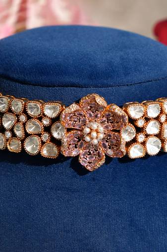 Gold plated kundan pink stones choker necklace set