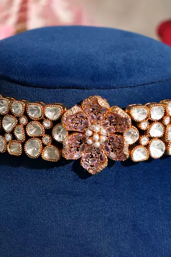 Gold plated kundan pink stones choker necklace set