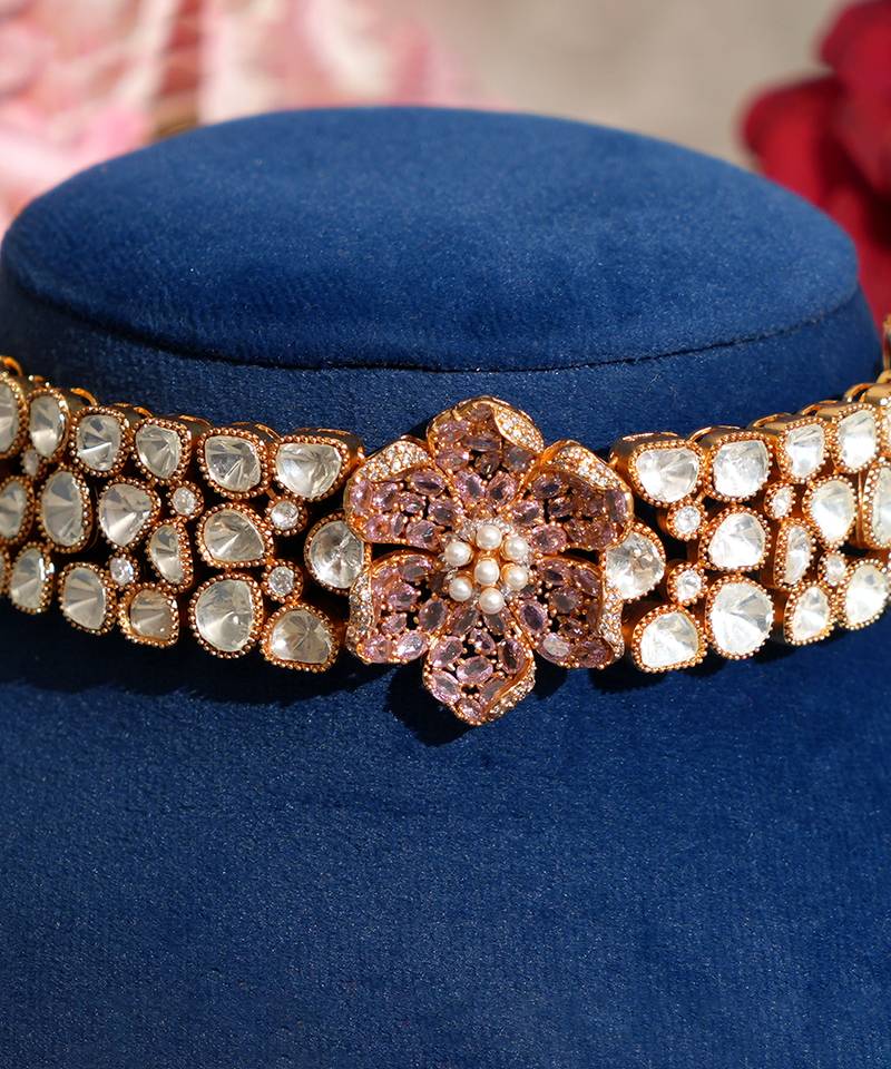 Gold plated kundan pink stones choker necklace set
