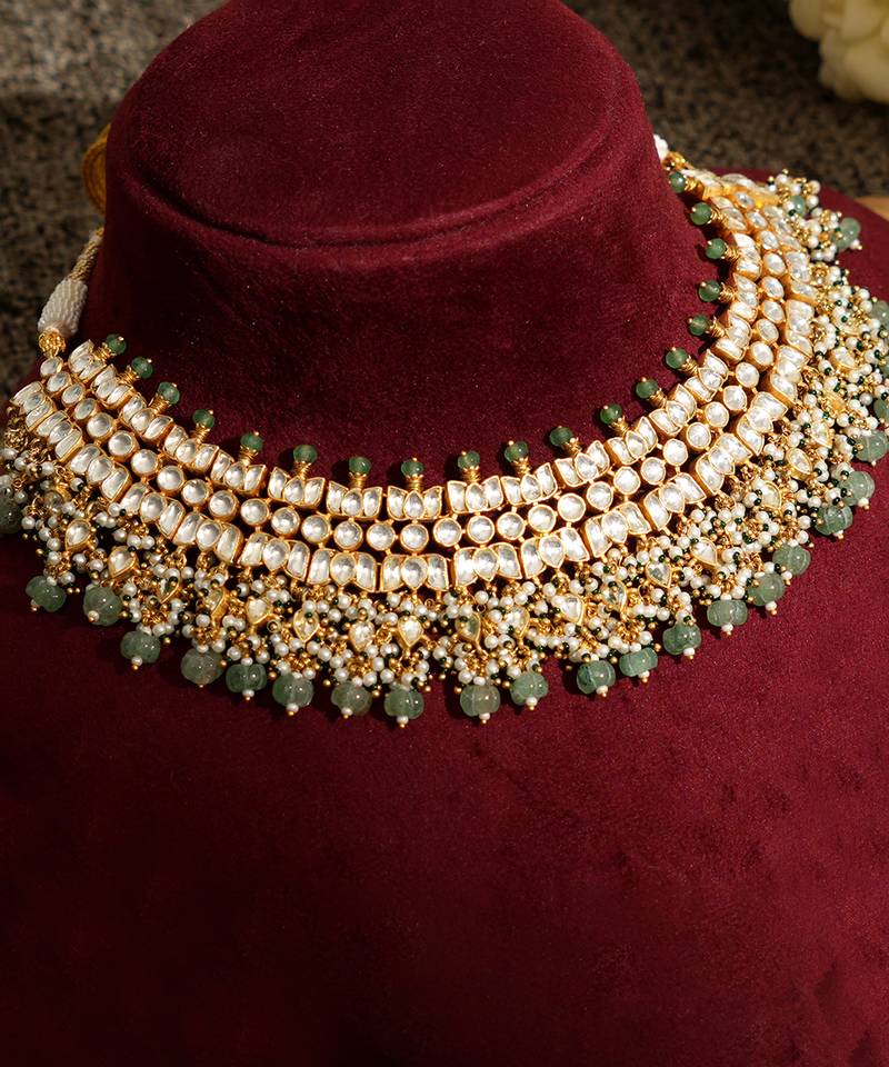 Gold plated kundan green stones necklace set