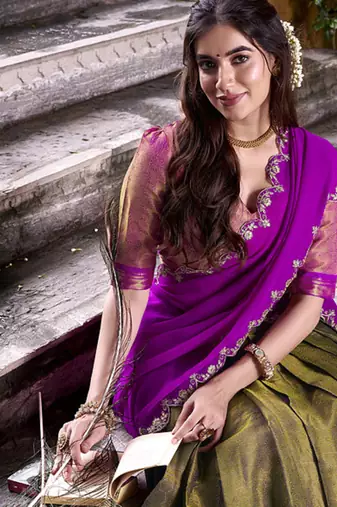 Olive georgette zari weaving lehenga choli with dupatta