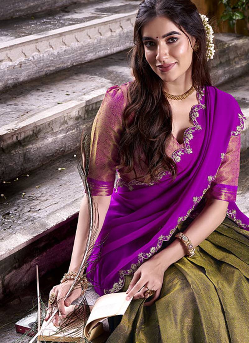 Olive georgette zari weaving lehenga choli with dupatta