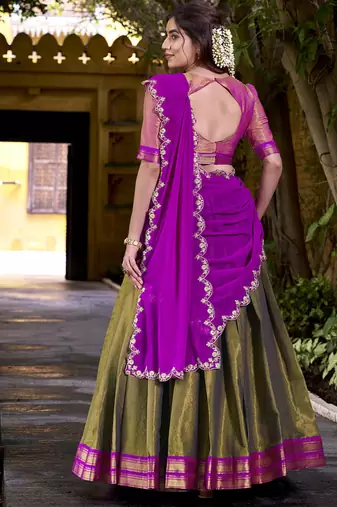 Olive georgette zari weaving lehenga choli with dupatta