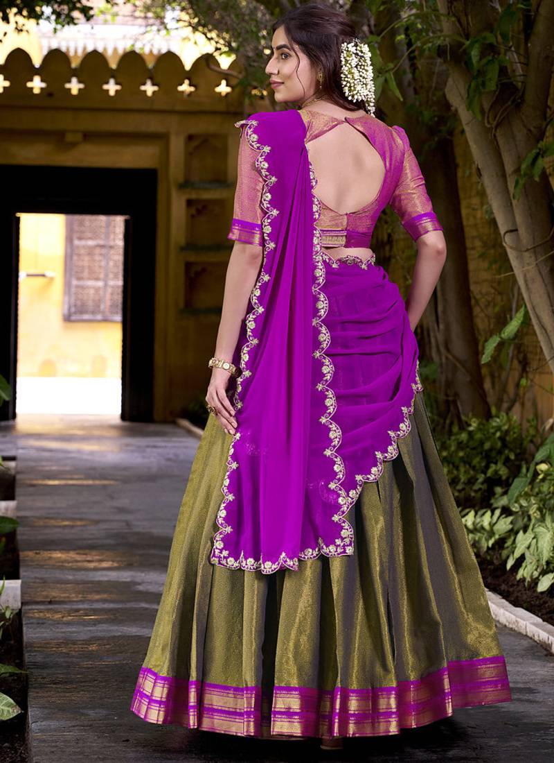Olive georgette zari weaving lehenga choli with dupatta
