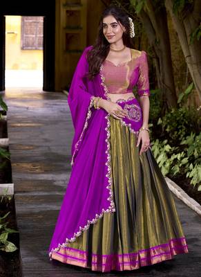 Olive georgette zari weaving lehenga choli with dupatta 5