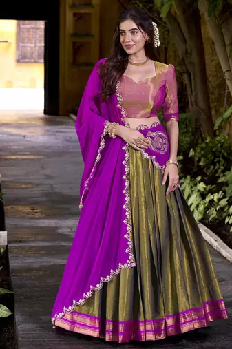 Olive georgette zari weaving lehenga choli with dupatta