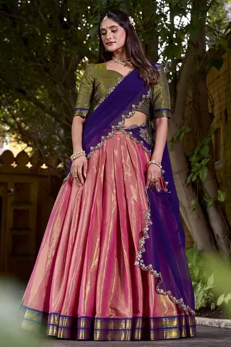 Pink Silk Zari Weaving Chaniya Choli