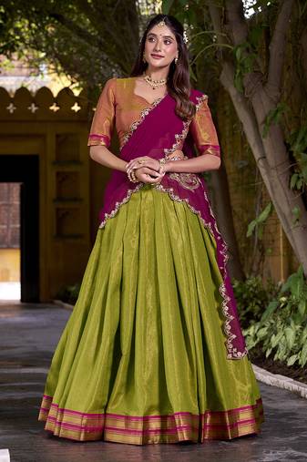 Green Half Saree Lehenga with Contrast Blouse & Dupatta – Festive Ethnic Wear for Women