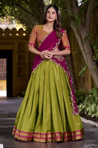 Green Half Saree Lehenga with Contrast Blouse & Dupatta – Festive Ethnic Wear for Women