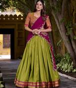 Green Half Saree Lehenga with Contrast Blouse & Dupatta     Festive Ethnic Wear for Women