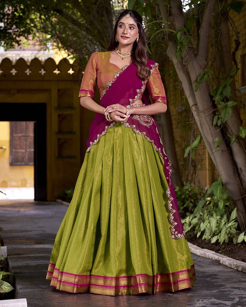 Green Half Saree Lehenga with Contrast Blouse & Dupatta – Festive Ethnic Wear for Women