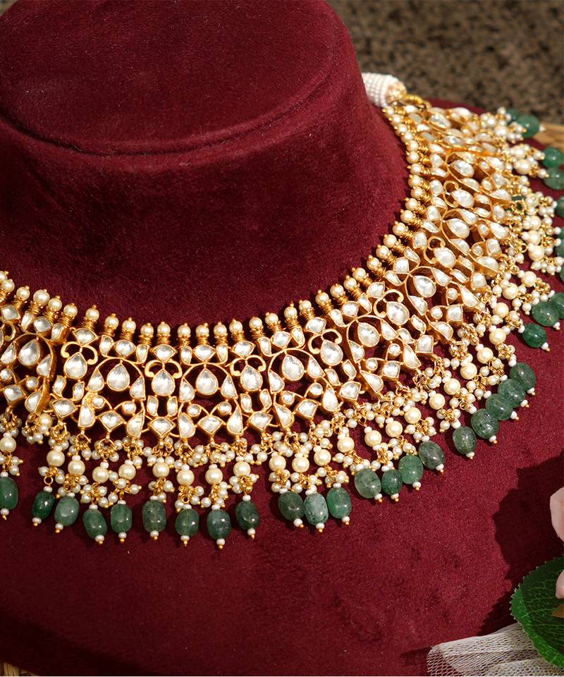 Gold plated kundan green stones necklace set
