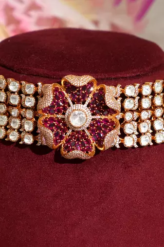 Gold plated kundan pink stones choker necklace set