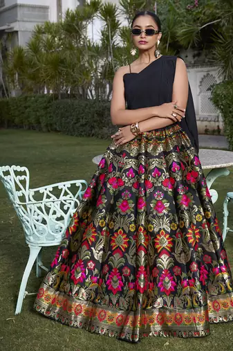 Black Banarasi Silk Zari Weaving Work in Chaniya Choli