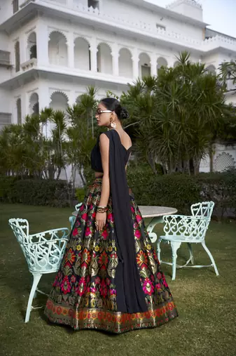 Black Banarasi Silk Zari Weaving Work in Chaniya Choli