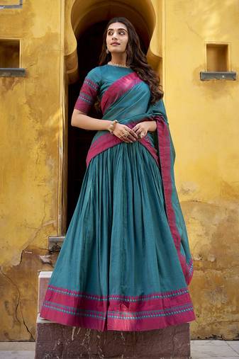teal embroidered chanderi ethnic lehenga choli with dupatta