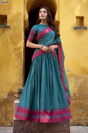teal embroidered chanderi ethnic lehenga choli with dupatta