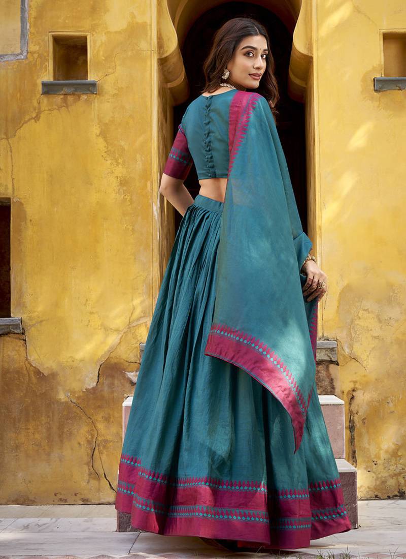 teal embroidered chanderi ethnic lehenga choli with dupatta