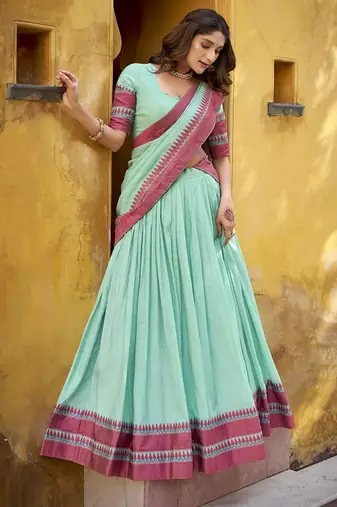 sky blue embroidered chanderi ethnic lehenga choli with dupatta