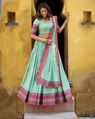 sky blue embroidered chanderi ethnic lehenga choli with dupatta 4
