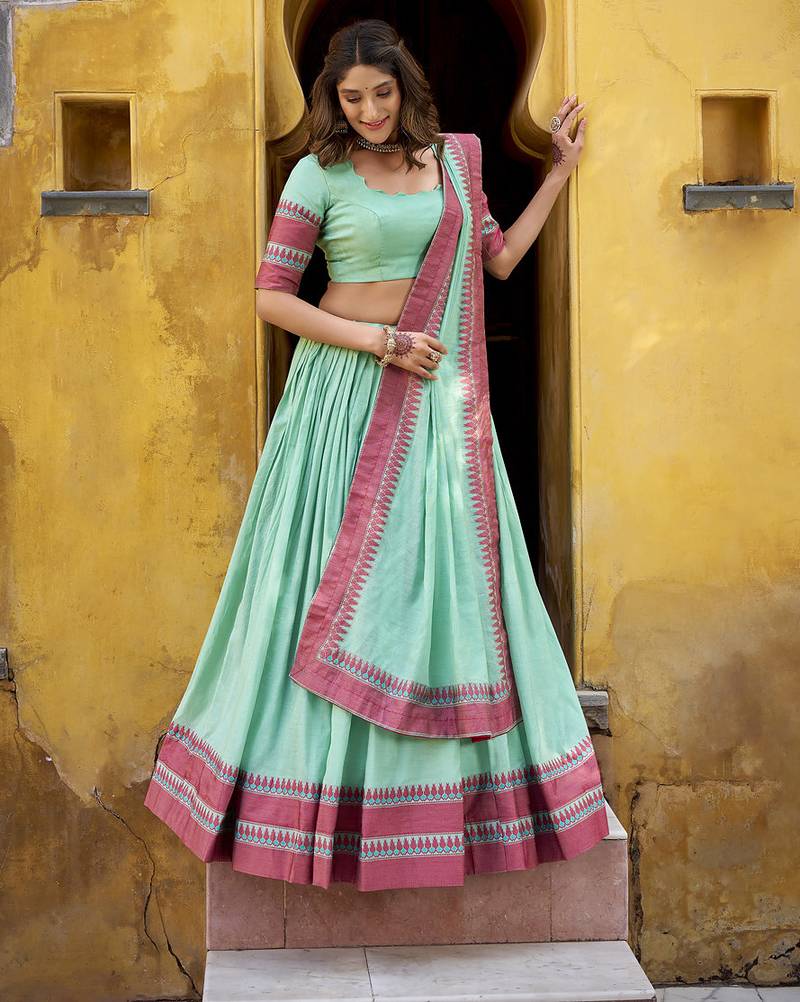 sky blue embroidered chanderi ethnic lehenga choli with dupatta
