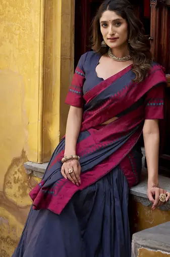 navy blue embroidered chanderi ethnic lehenga choli with dupatta