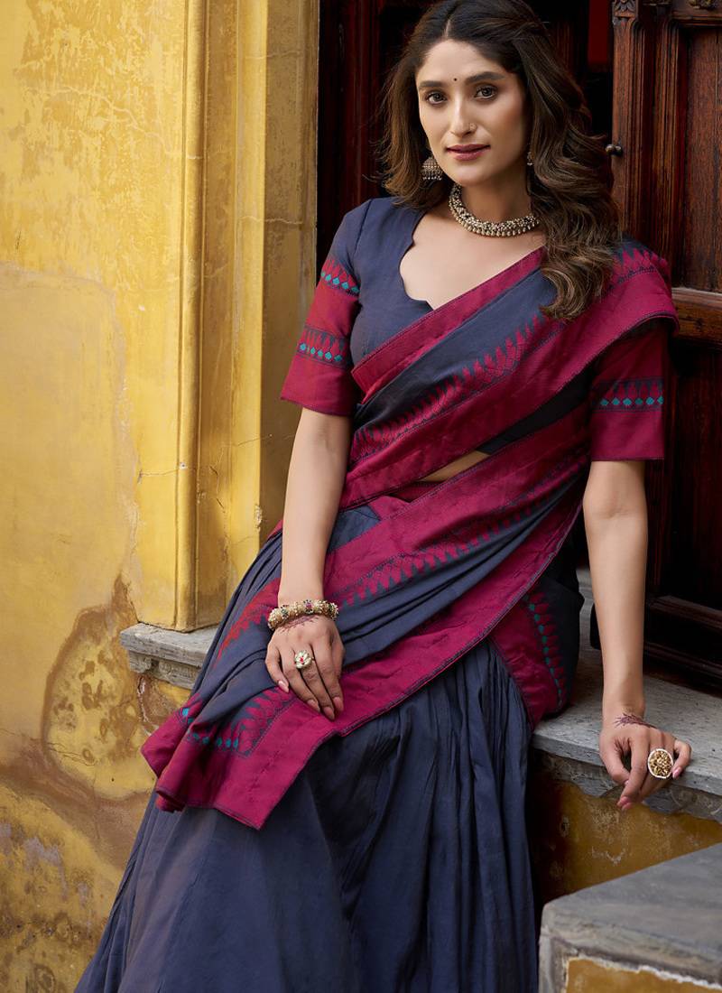 navy blue embroidered chanderi ethnic lehenga choli with dupatta