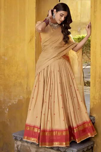 cream woven chanderi ethnic lehenga choli with dupatta