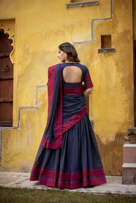 navy blue embroidered chanderi ethnic lehenga choli with dupatta 3