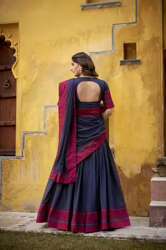 navy blue embroidered chanderi ethnic lehenga choli with dupatta