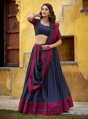 navy blue embroidered chanderi ethnic lehenga choli with dupatta 1