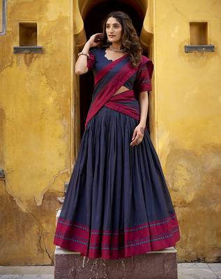 navy blue embroidered chanderi ethnic lehenga choli with dupatta 4