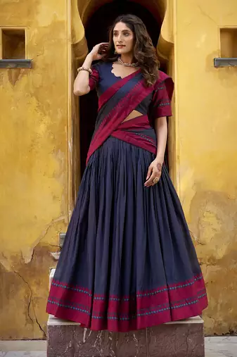 navy blue embroidered chanderi ethnic lehenga choli with dupatta