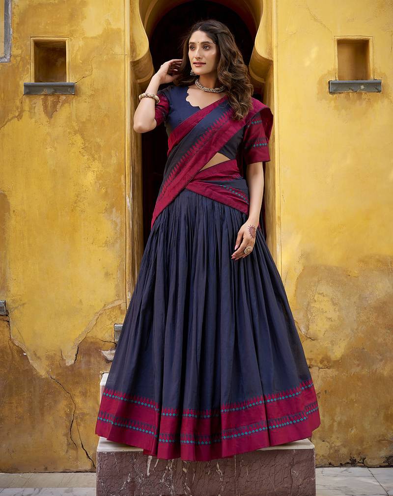 navy blue embroidered chanderi ethnic lehenga choli with dupatta