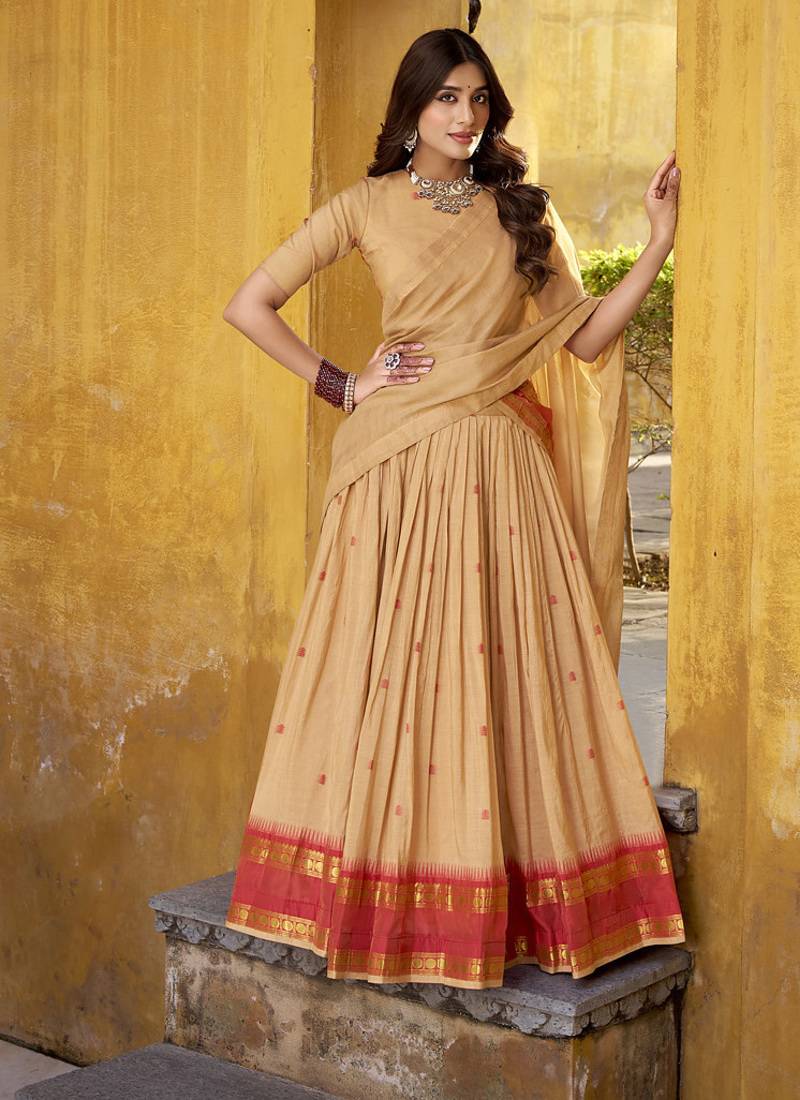 cream woven chanderi ethnic lehenga choli with dupatta