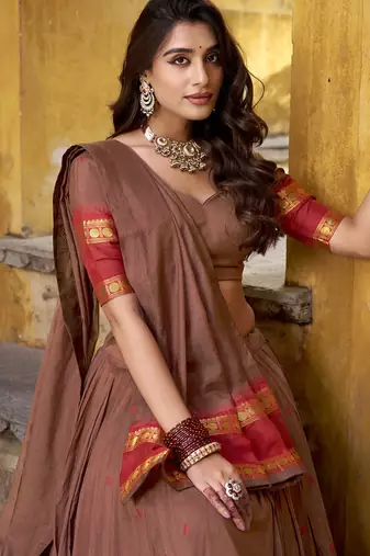 brown woven chanderi ethnic lehenga choli with dupatta