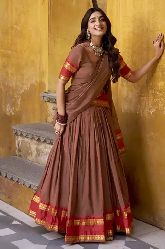 brown woven chanderi ethnic lehenga choli with dupatta