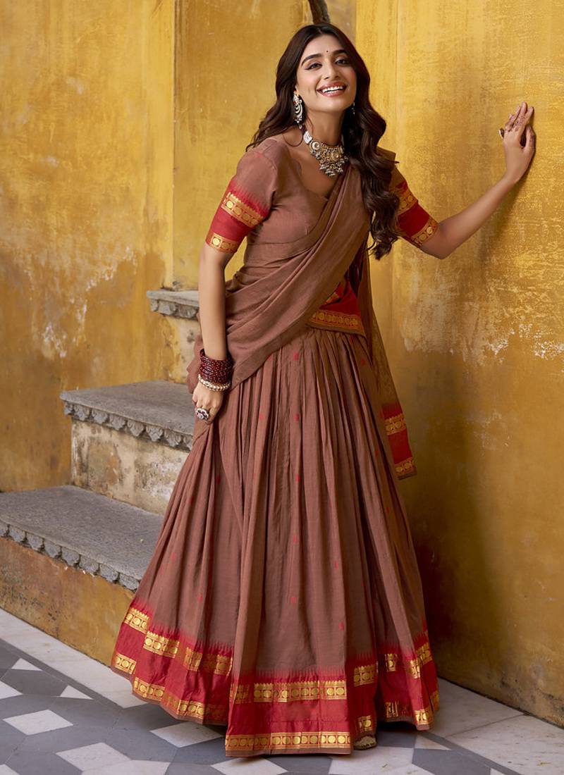 brown woven chanderi ethnic lehenga choli with dupatta