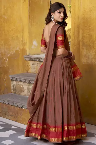 brown woven chanderi ethnic lehenga choli with dupatta
