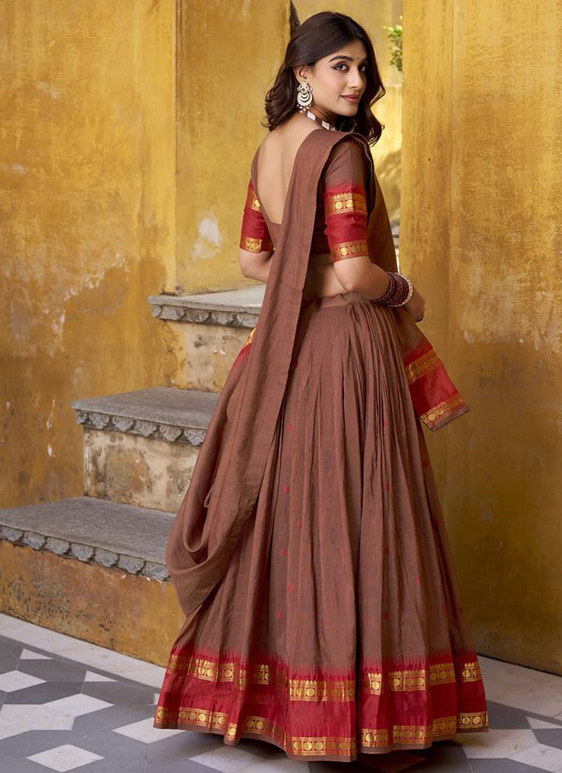 brown woven chanderi ethnic lehenga choli with dupatta