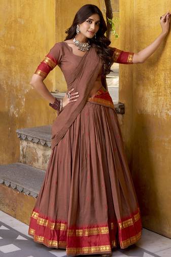 brown woven chanderi ethnic lehenga choli with dupatta