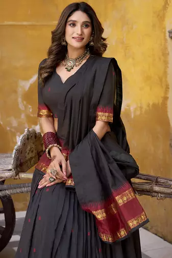black woven chanderi ethnic lehenga choli with dupatta