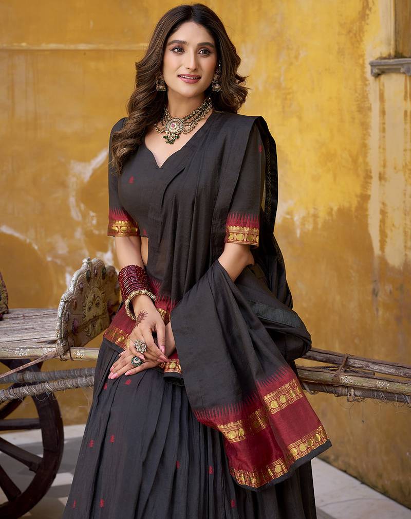 black woven chanderi ethnic lehenga choli with dupatta