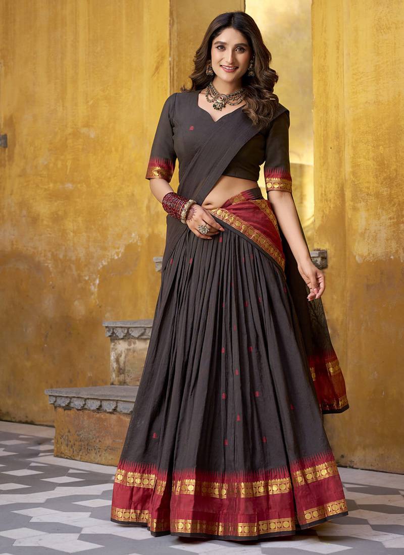 black woven chanderi ethnic lehenga choli with dupatta